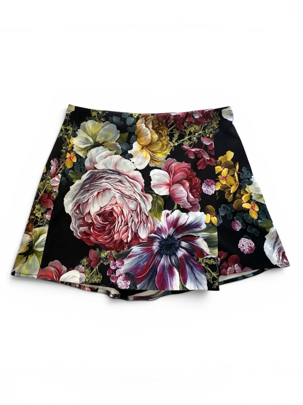 Floral Print Mini Skirt in Black with Multicolor Blooms